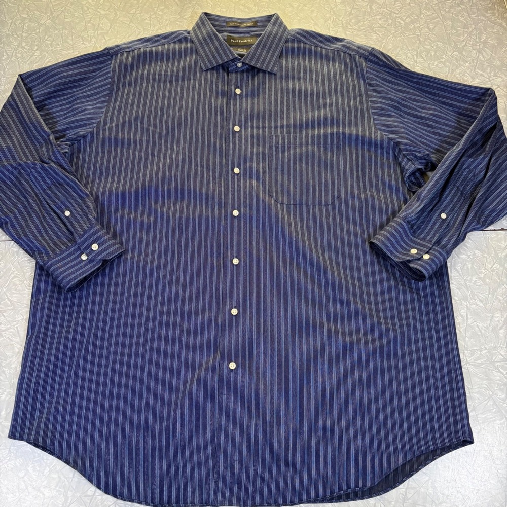 Paul Fredrick Mens 17.5 x 34 Classic Fit Non-Iron Blue Pinstripe Dress Shirt